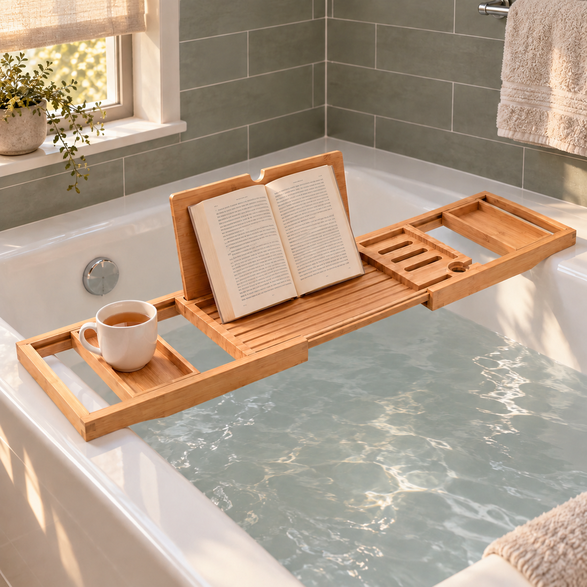 Bamboo bathtub tray across a built-in tub with a flat rim, an open paperback resting on its stand and a mug of tea in one end tray