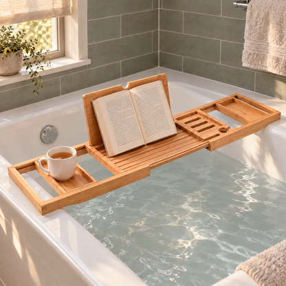 Bamboo bathtub tray across a built-in tub with a flat rim, an open paperback resting on its stand and a mug of tea in one end tray