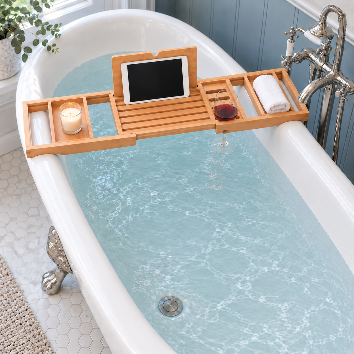 Bamboo bathtub tray seen from above lying straight across the end of a clawfoot tub, with a tablet on its stand, a wine glass hanging by its stem, a candle and a towel in the end trays