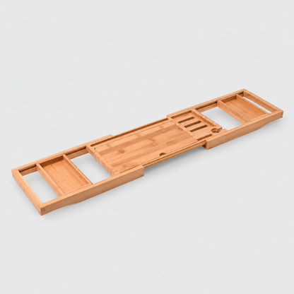 Bamboo bathtub tray fully extended to 34.3 inches with its stand folded flat, showing the two sliding arms, their open frames and the end trays