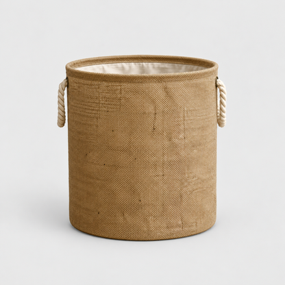 Round cotton linen laundry basket in natural tan with two twisted rope handles, on a light gray background