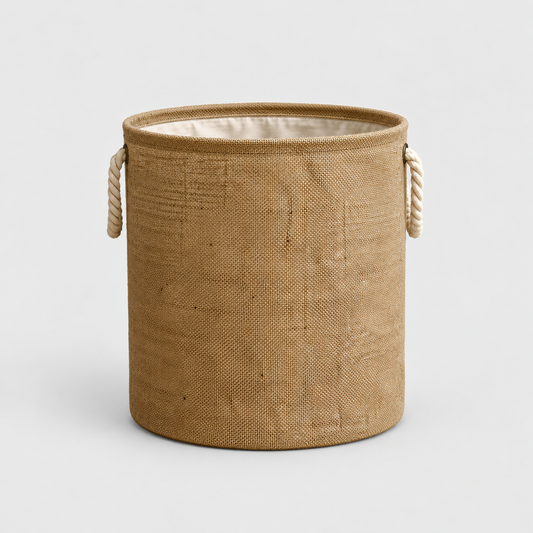 Round cotton linen laundry basket in natural tan with two twisted rope handles, on a light gray background