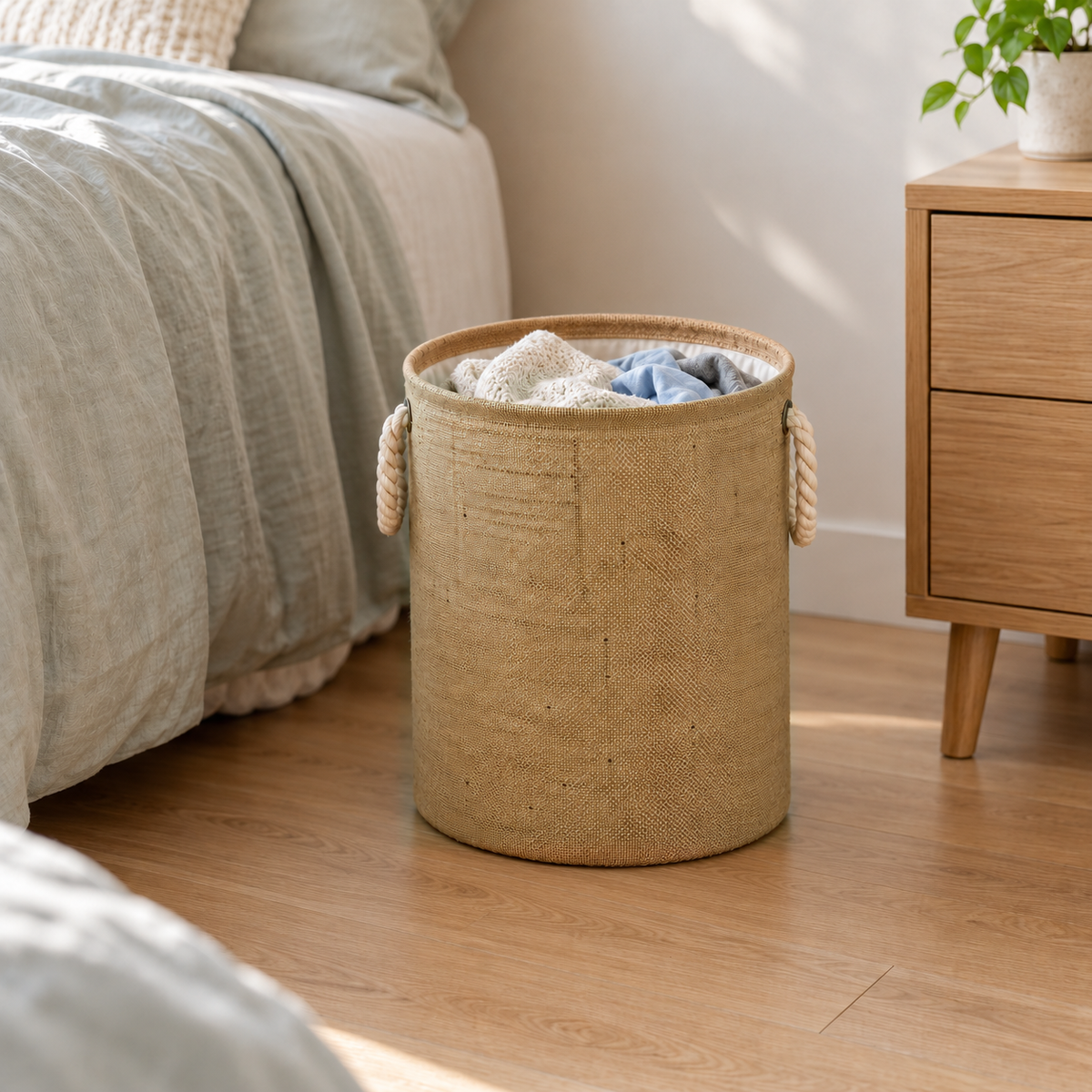 Natural cotton linen laundry basket with rope handles holding folded clothes beside a bed in a bright bedroom