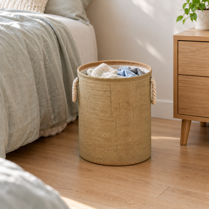 Natural cotton linen laundry basket with rope handles holding folded clothes beside a bed in a bright bedroom