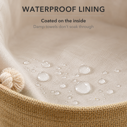 Close-up of the pale waterproof lining inside the laundry basket with water beading on it, and the text Waterproof lining
