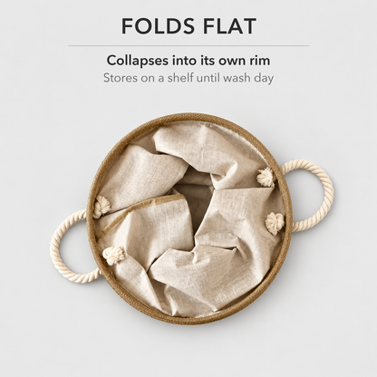 The laundry basket folded flat seen from above, its rim lying on the floor with both rope handles out to the sides, and the text Folds flat