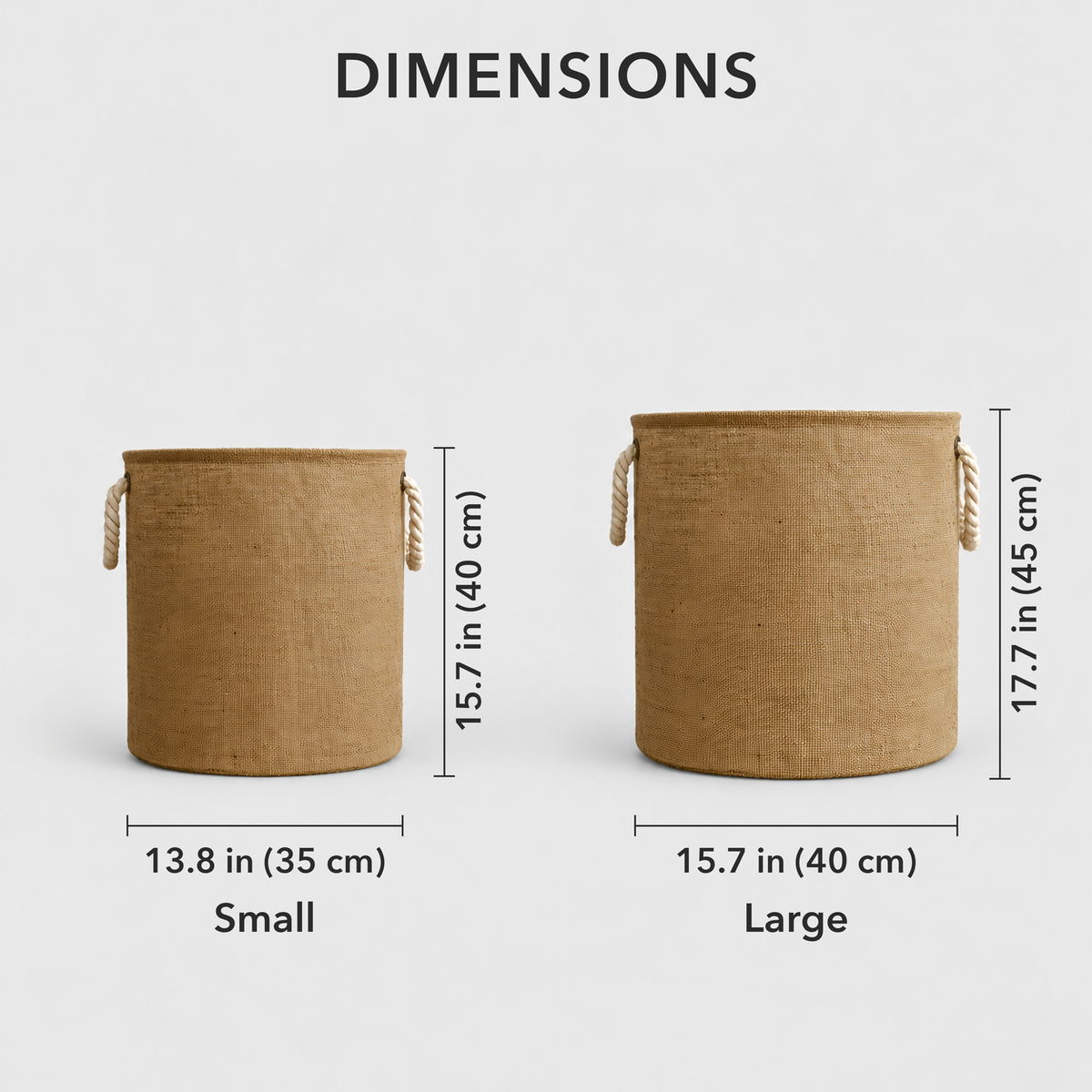 Small and Large laundry baskets side by side: the Small is 13.8 inches across and 15.7 inches tall, the Large 15.7 across and 17.7 tall