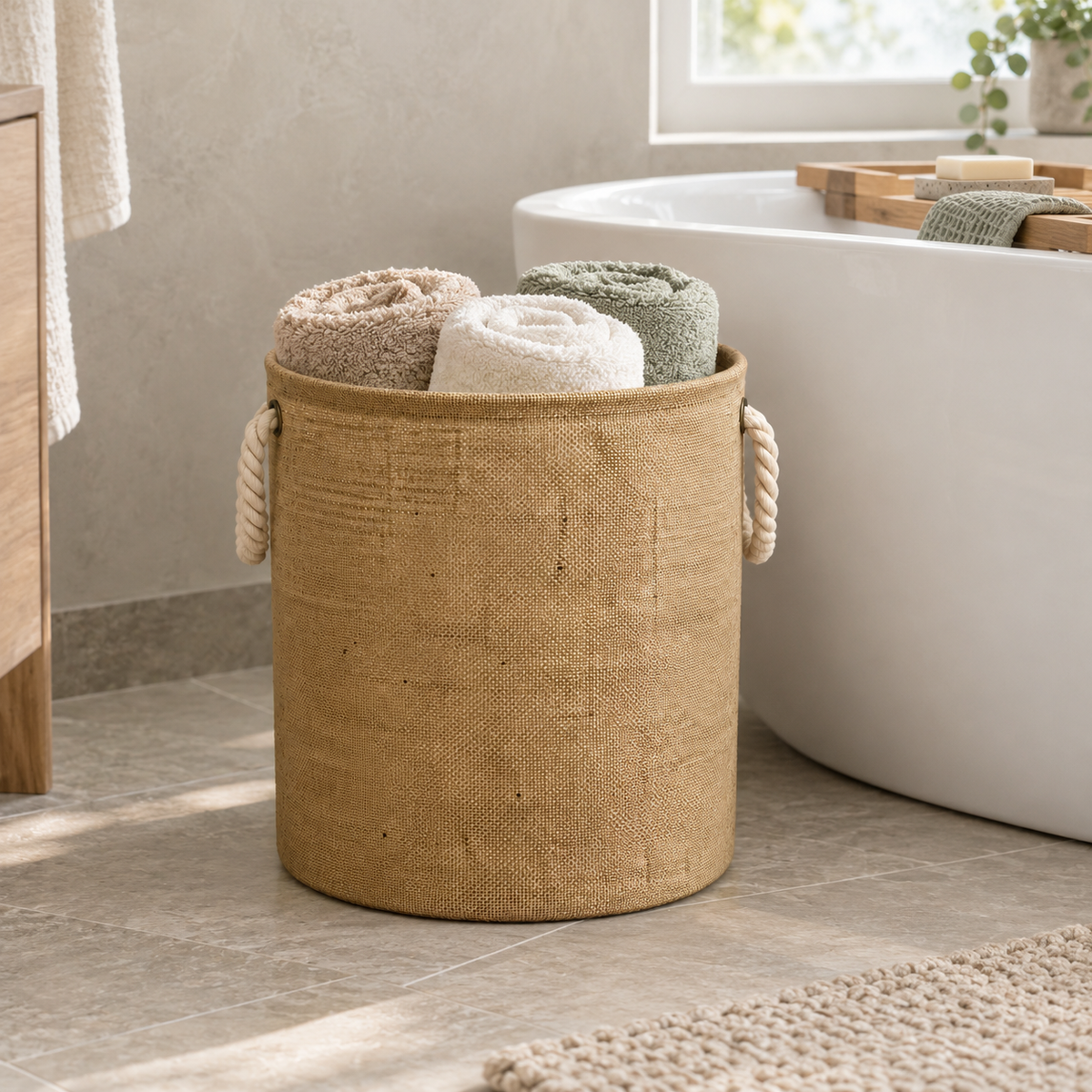 Small natural linen laundry basket holding rolled bath towels beside a white freestanding bathtub