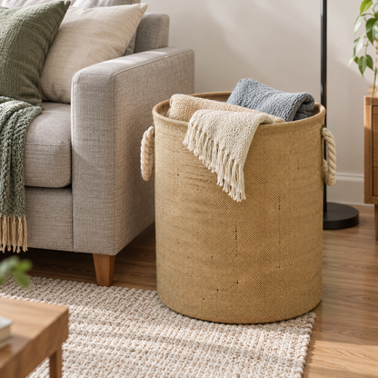 Large cotton linen basket holding folded throw blankets beside a sofa in a calm living room