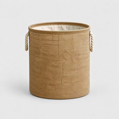 Large round cotton linen laundry basket in natural tan with two rope handles, on a light gray background