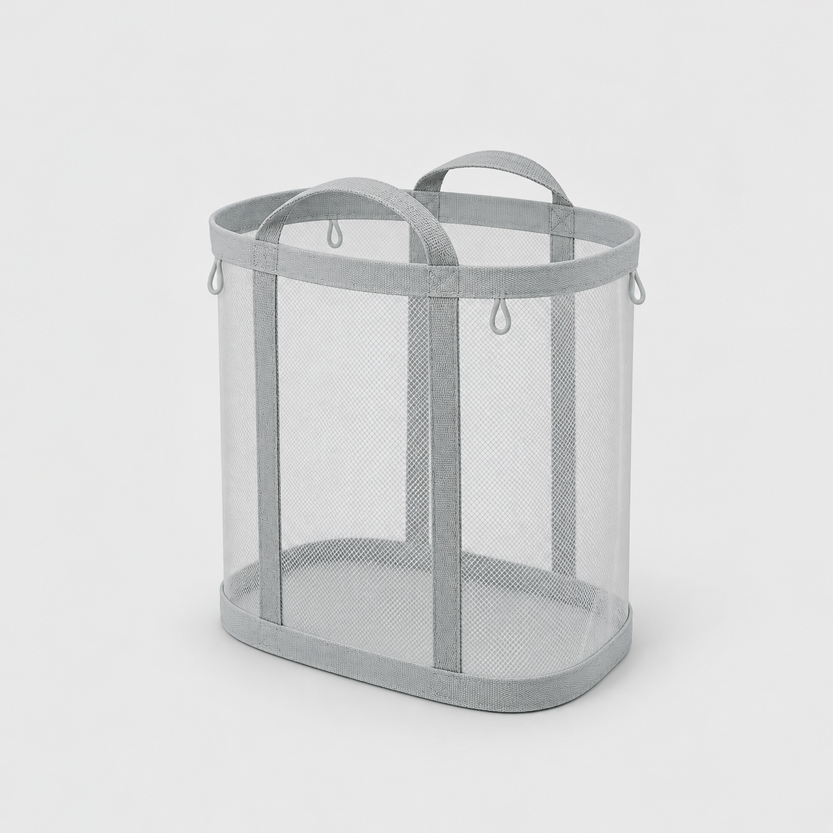 Gray mesh laundry basket with two carry handles, one on each side, on a plain gray background