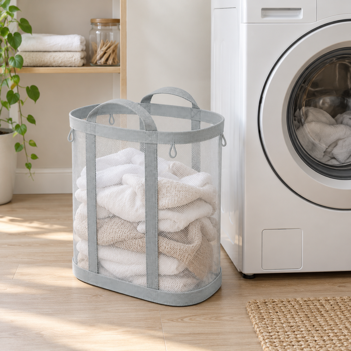 Gray mesh laundry basket full of towels beside a washing machine in a bright laundry room