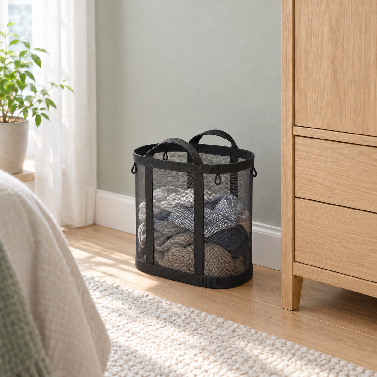 Black mesh laundry basket with clothes inside beside a wardrobe in a bright bedroom