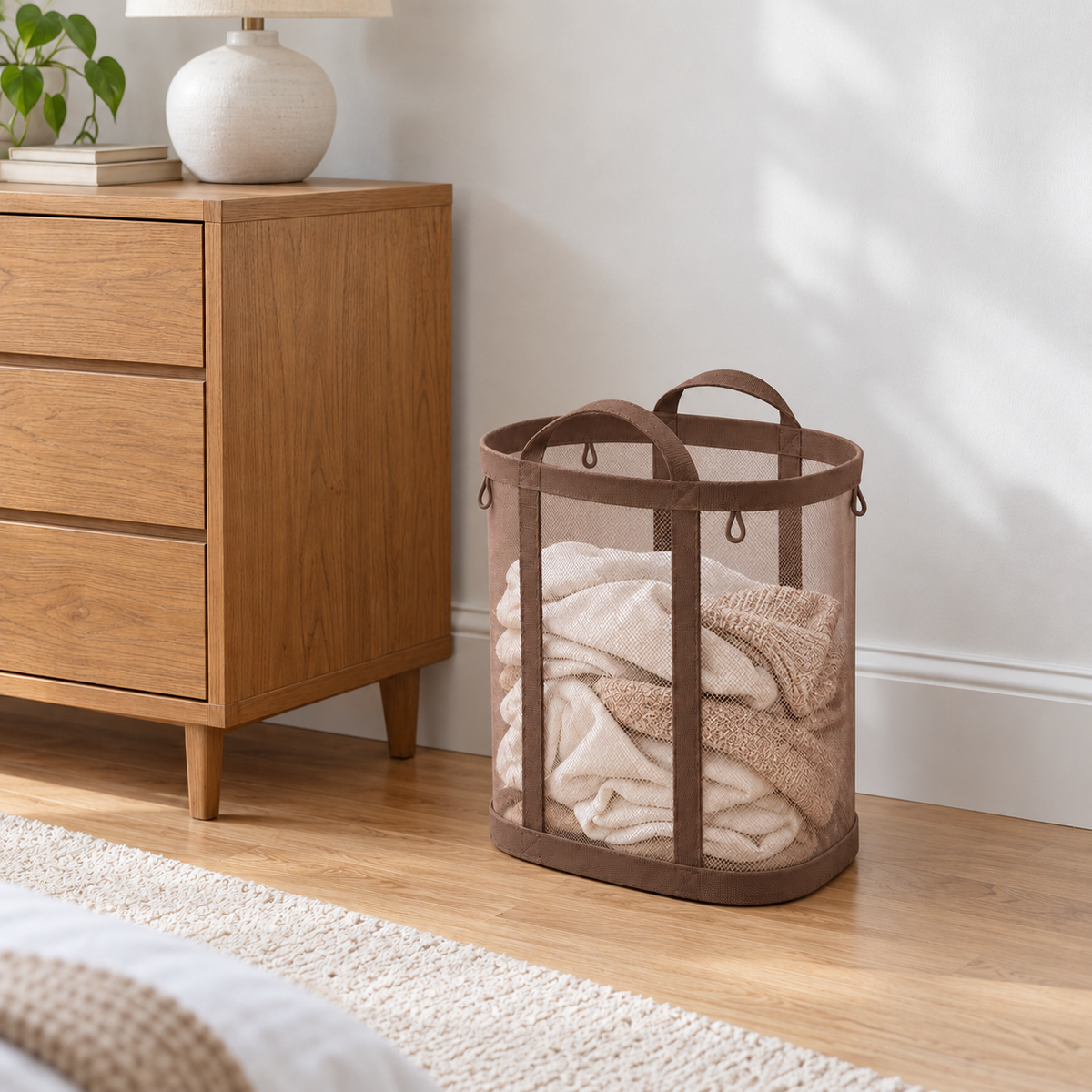 Brown mesh laundry basket with laundry inside next to an oak dresser