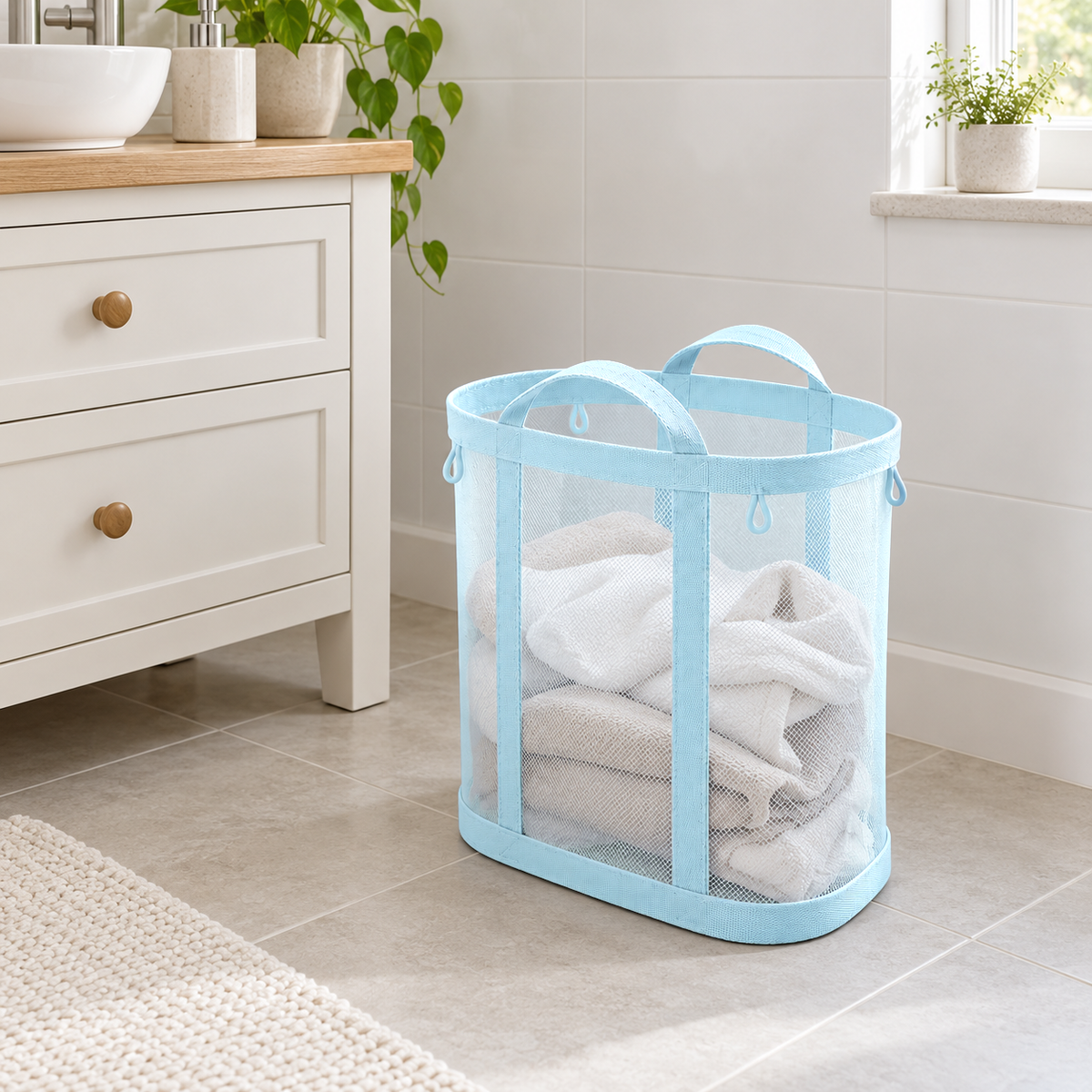 Blue mesh laundry basket holding towels on a bathroom floor