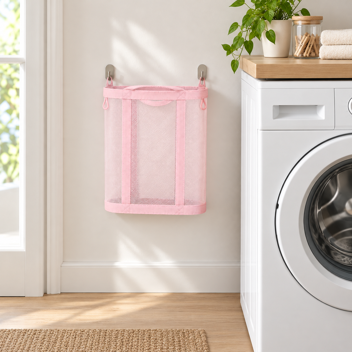 Empty pink mesh laundry basket hanging flat on two wall hooks
