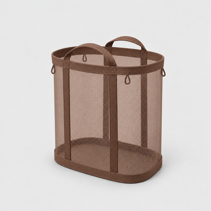 Brown mesh laundry basket with two carry handles on a plain gray background