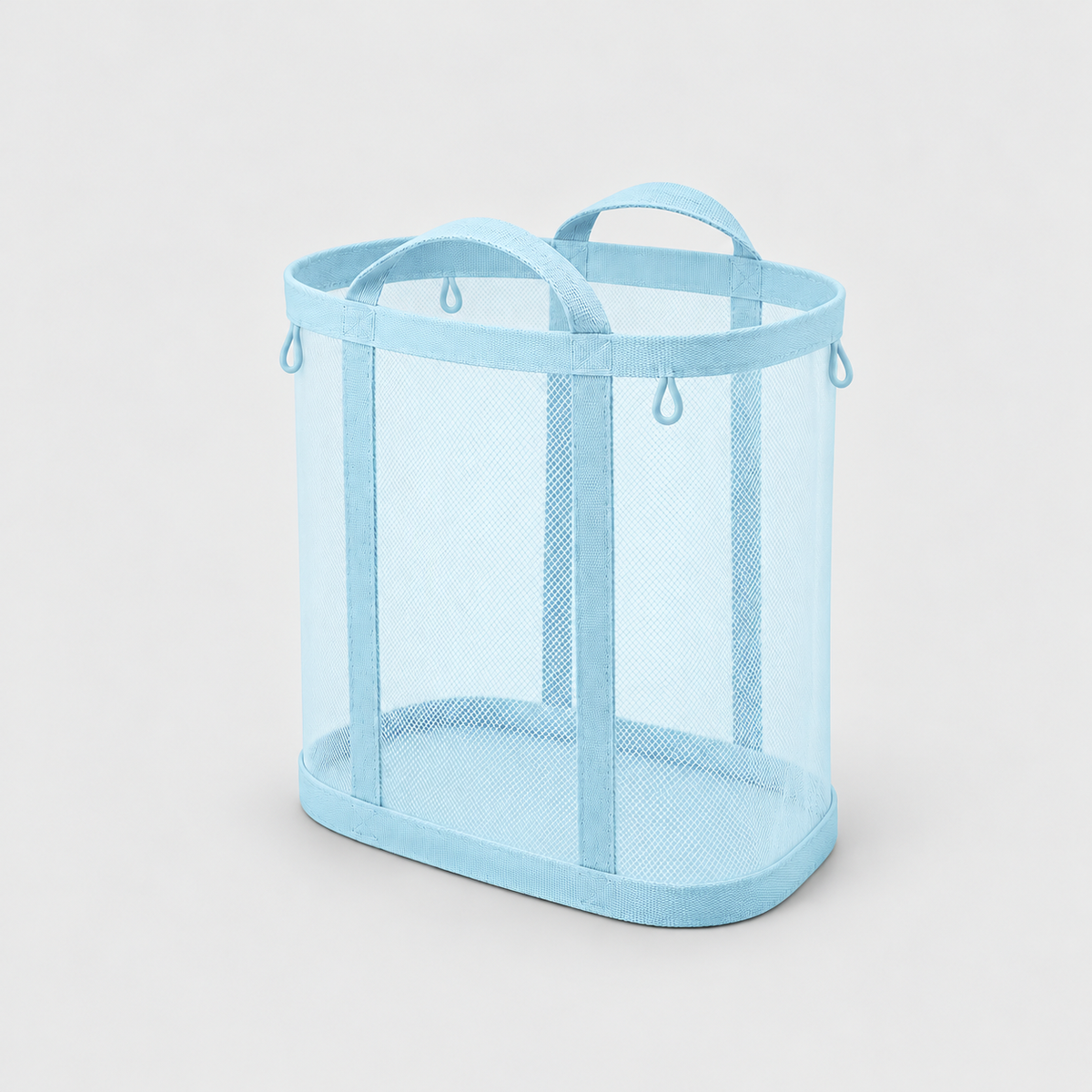 Blue mesh laundry basket with two carry handles on a plain gray background