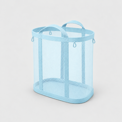 Blue mesh laundry basket with two carry handles on a plain gray background