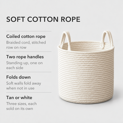 Text card reading Soft cotton rope, listing coiled braided cord, two upright rope handles, soft walls that fold down, and tan or white in three sizes, beside a white rope basket