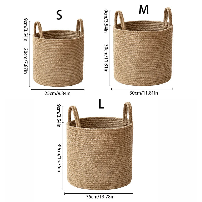 Small, medium and large tan cotton rope baskets with measurement lines, 9.84, 11.81 and 13.78 inches across, handles rising 3.54 inches above the rim