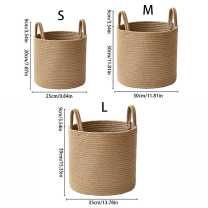 Small, medium and large tan cotton rope baskets with measurement lines, 9.84, 11.81 and 13.78 inches across, handles rising 3.54 inches above the rim