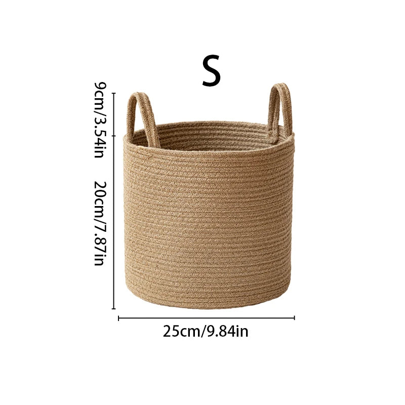 Small tan cotton rope basket with measurement lines, 9.84 inches across and 7.87 inches tall to the rim, handles rising 3.54 inches above it