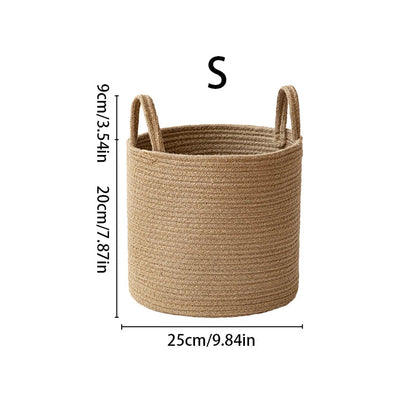 Small tan cotton rope basket with measurement lines, 9.84 inches across and 7.87 inches tall to the rim, handles rising 3.54 inches above it
