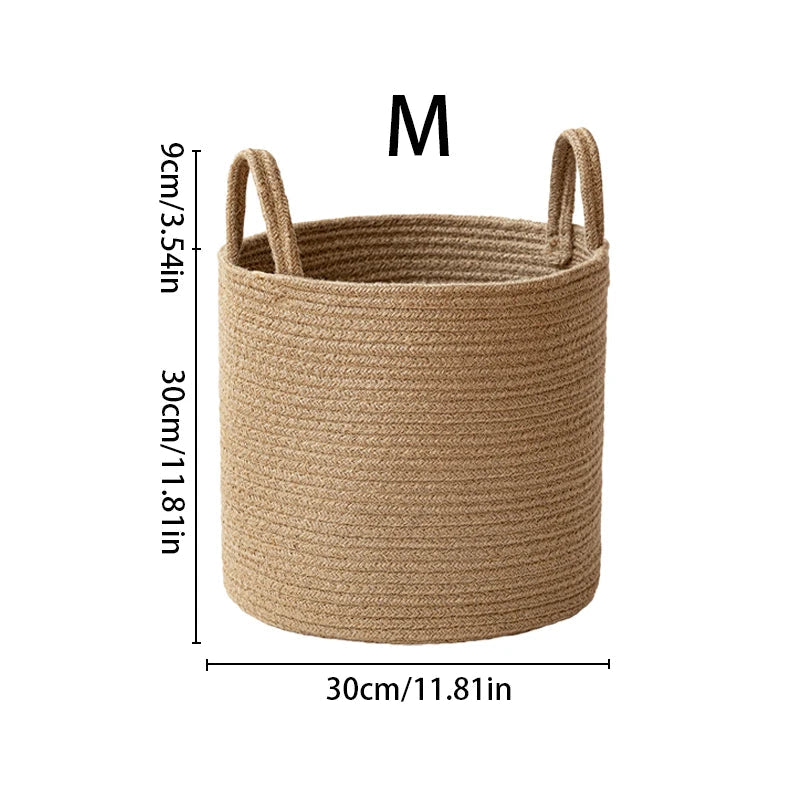 Medium tan cotton rope basket with measurement lines, 11.81 inches across and 11.81 inches tall to the rim, handles rising 3.54 inches above it