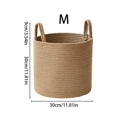 Medium tan cotton rope basket with measurement lines, 11.81 inches across and 11.81 inches tall to the rim, handles rising 3.54 inches above it