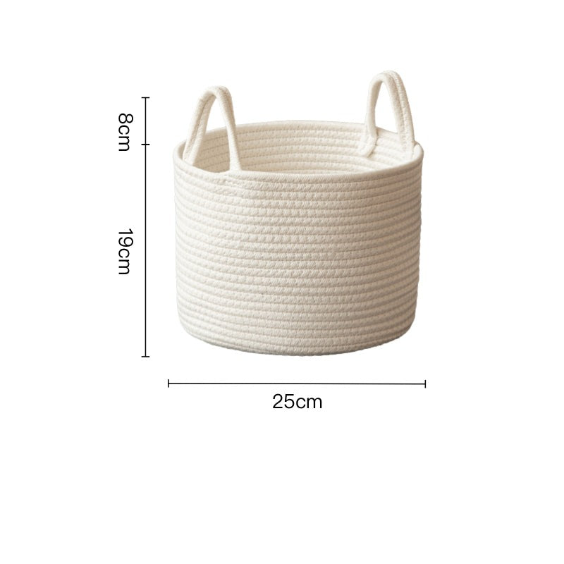 Small white cotton rope basket with measurement lines in centimeters, 25 cm across and 19 cm tall to the rim, handles 8 cm above it