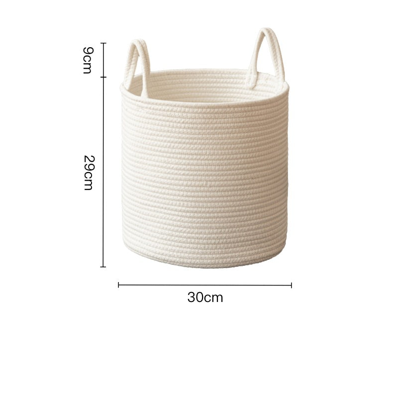 Medium white cotton rope basket with measurement lines in centimeters, 30 cm across and 29 cm tall to the rim, handles 9 cm above it