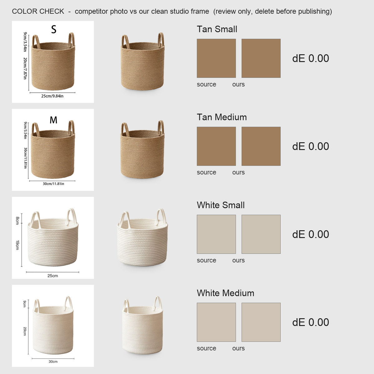 Color check sheet comparing the competitor's tan and white baskets with our clean studio frames, review only, delete before publishing