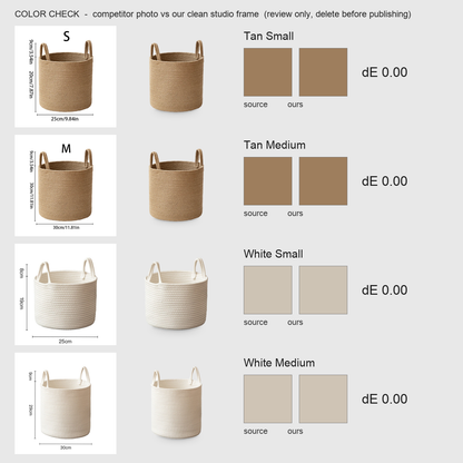 Color check sheet comparing the competitor's tan and white baskets with our clean studio frames, review only, delete before publishing