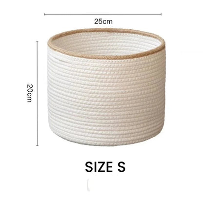 Small white rope basket with a beige rim, 9.8 inches wide and 7.9 inches tall