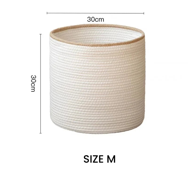 Medium white rope basket with a beige rim, 11.8 inches wide and 11.8 inches tall