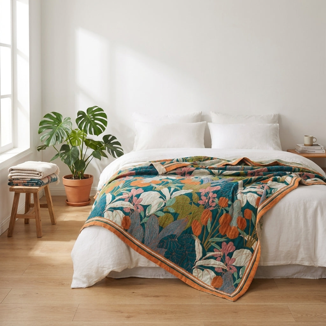 Teal and orange floral coverlet draped across the foot of a white bed in a bright bedroom