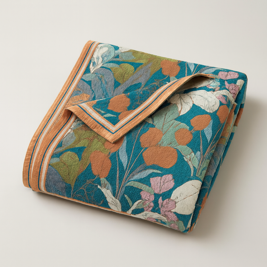 Teal and orange floral cotton coverlet folded on a pale surface with its orange striped border turned back