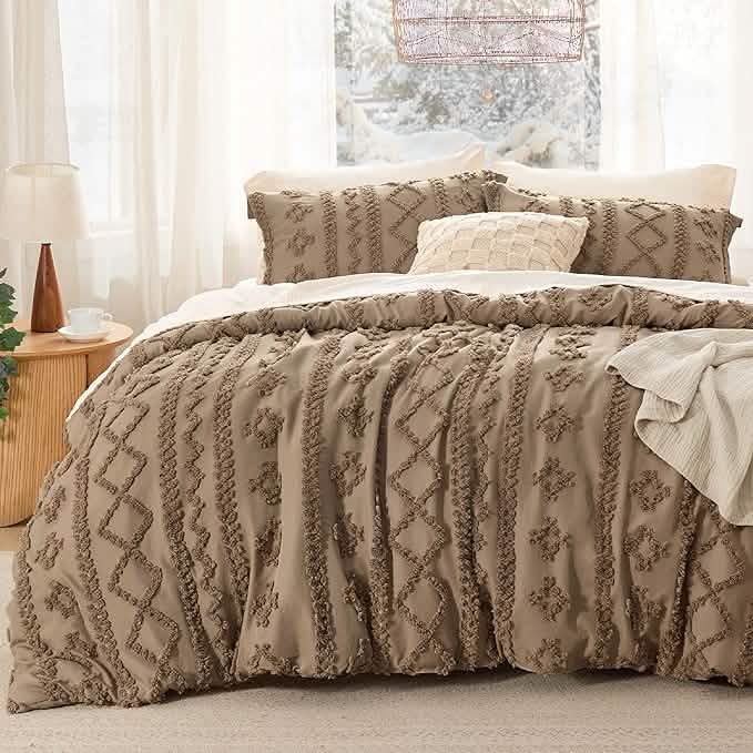 Brown tufted duvet cover set with raised diamond stripes on a bed
