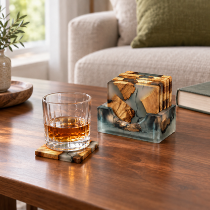 Resin and wood coaster under a glass of whiskey on a walnut coffee table, with the other five coasters standing in their holder