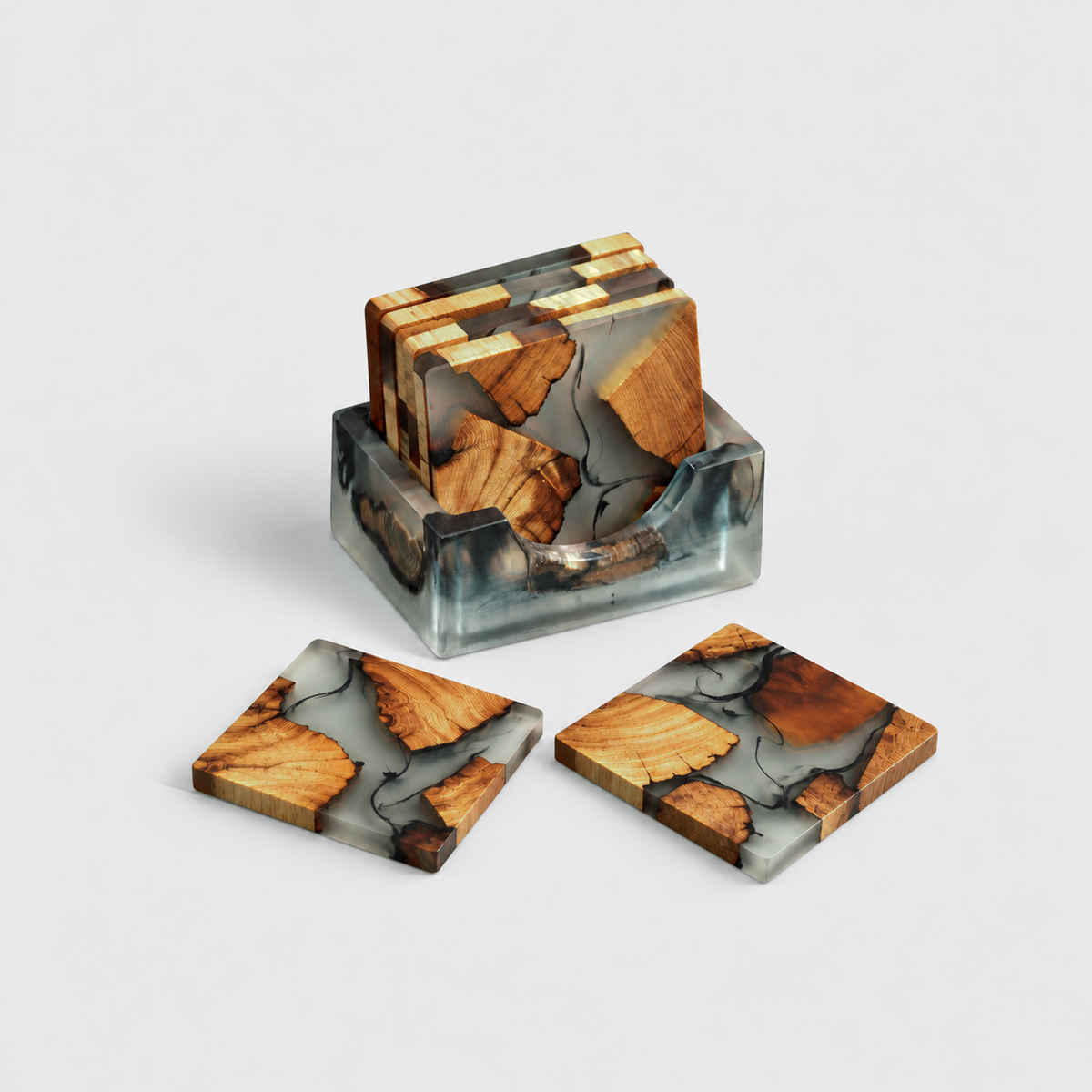 Six square resin and wood coasters, four standing in their holder and two lying in front, each with a different pattern of amber wood