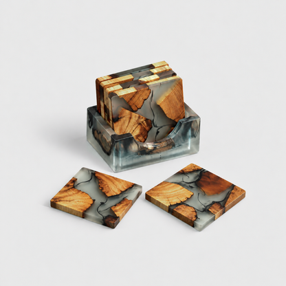 Six square resin and wood coasters, four standing in their holder and two lying in front, each with a different pattern of amber wood
