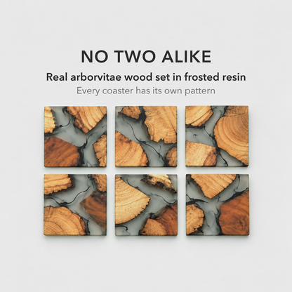 Six resin and wood coasters laid out from above, titled No Two Alike, showing a different arrangement of wood on every coaster