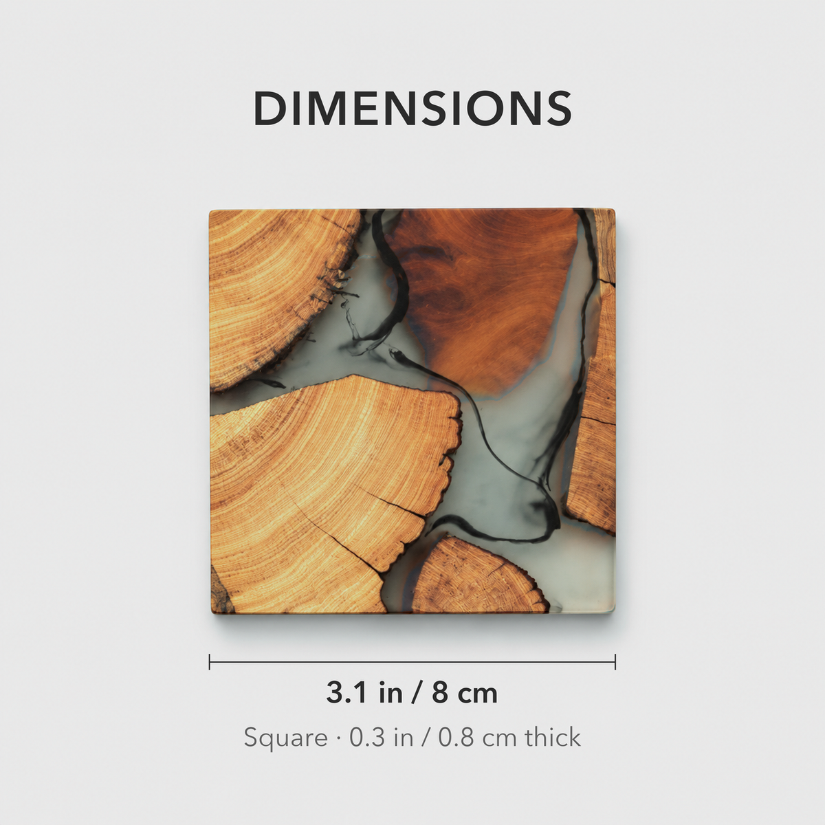 Dimension diagram titled Dimensions showing one square coaster 3.1 in / 8 cm wide and 0.3 in / 0.8 cm thick