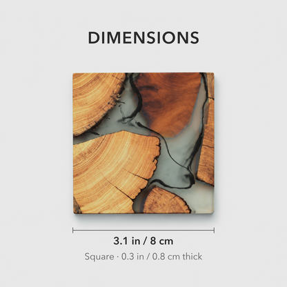 Dimension diagram titled Dimensions showing one square coaster 3.1 in / 8 cm wide and 0.3 in / 0.8 cm thick