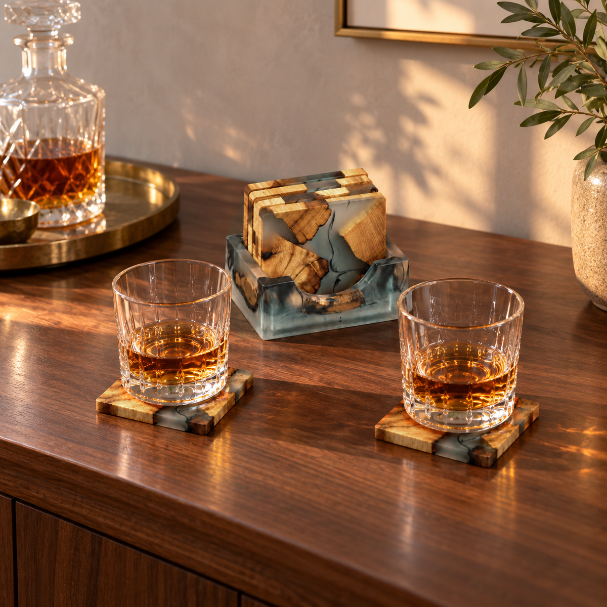 Two whiskey glasses on resin and wood coasters on a walnut sideboard, with four more coasters standing in the holder