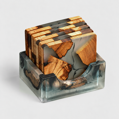 Resin coaster holder with all six square resin and wood coasters standing upright in one row