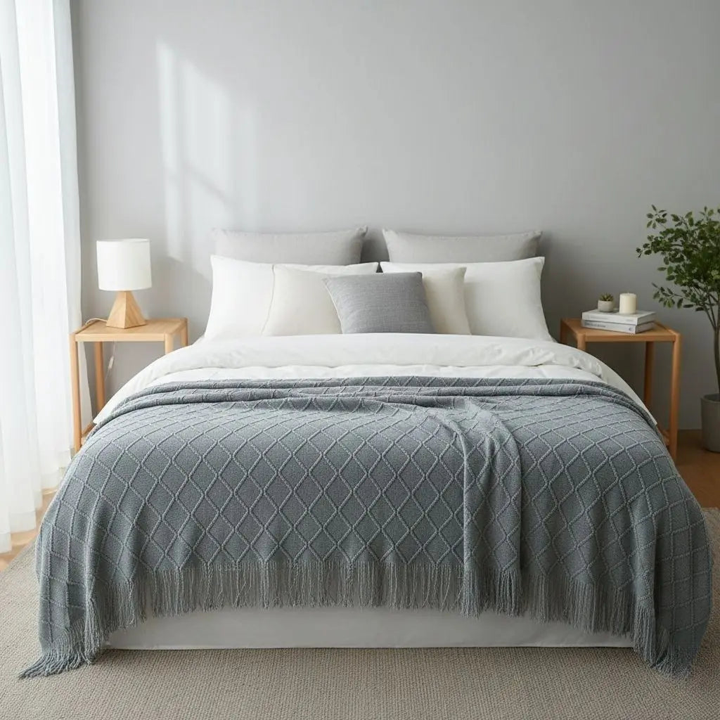 Gray knit throw blanket with a diamond pattern spread across the end of a bed, fringe hanging at the foot