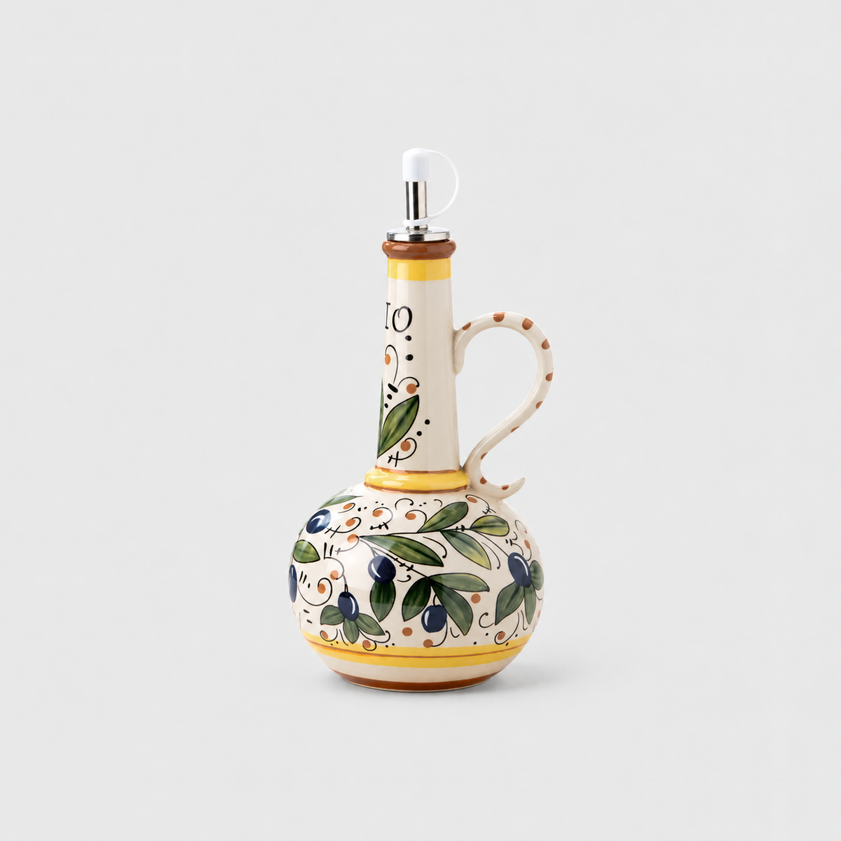 Ceramic oil and vinegar bottle with olive branch design, loop handle and pour spout on a light grey background