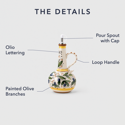 Labelled view of the oil bottle: pour spout with cap, loop handle, painted olive branches, glossy glaze